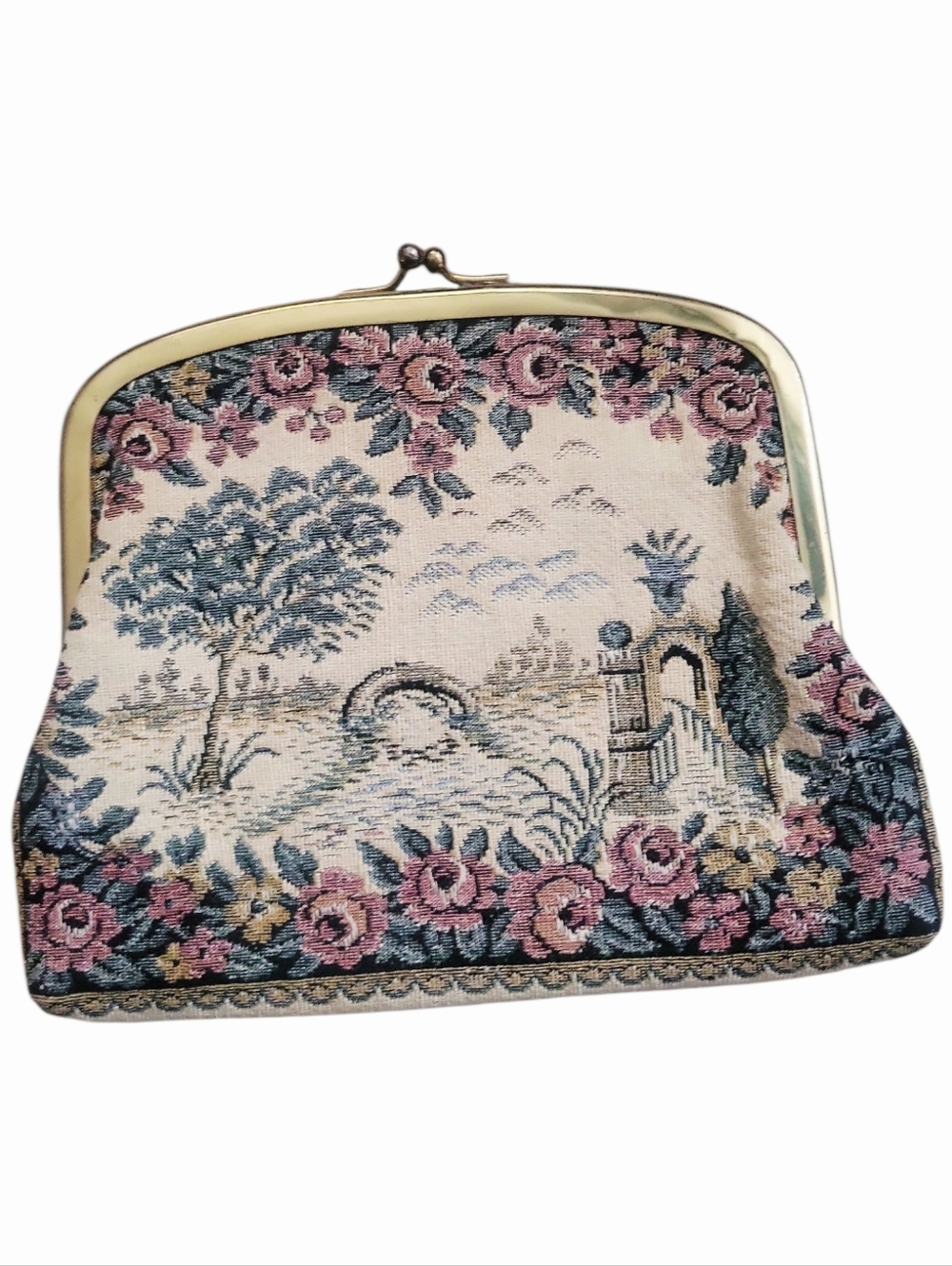 Vintage 50's French Country Floral Scenic Tapestry Clutch Purse